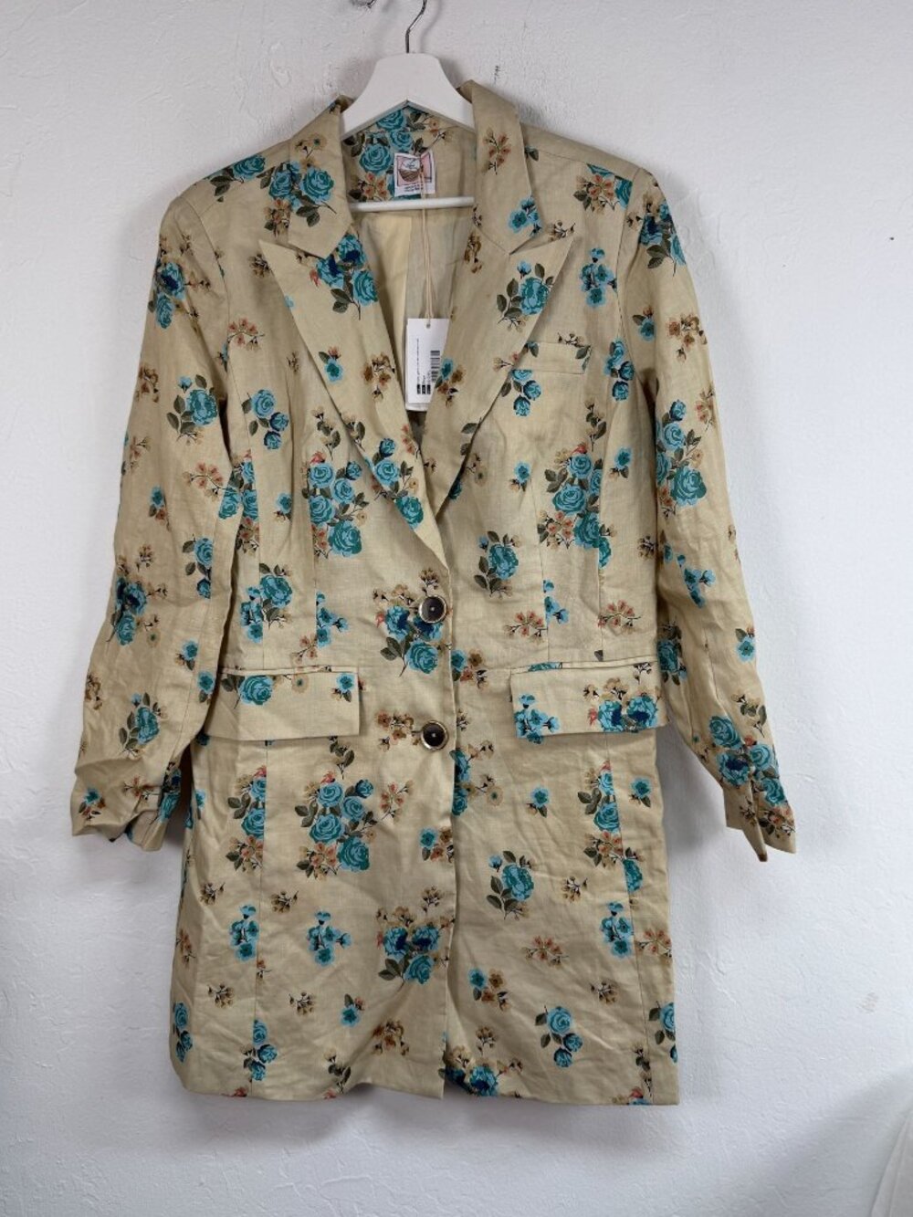 Women’s Beige Floral Linen Single Breasted Corset Trench Coat Large New